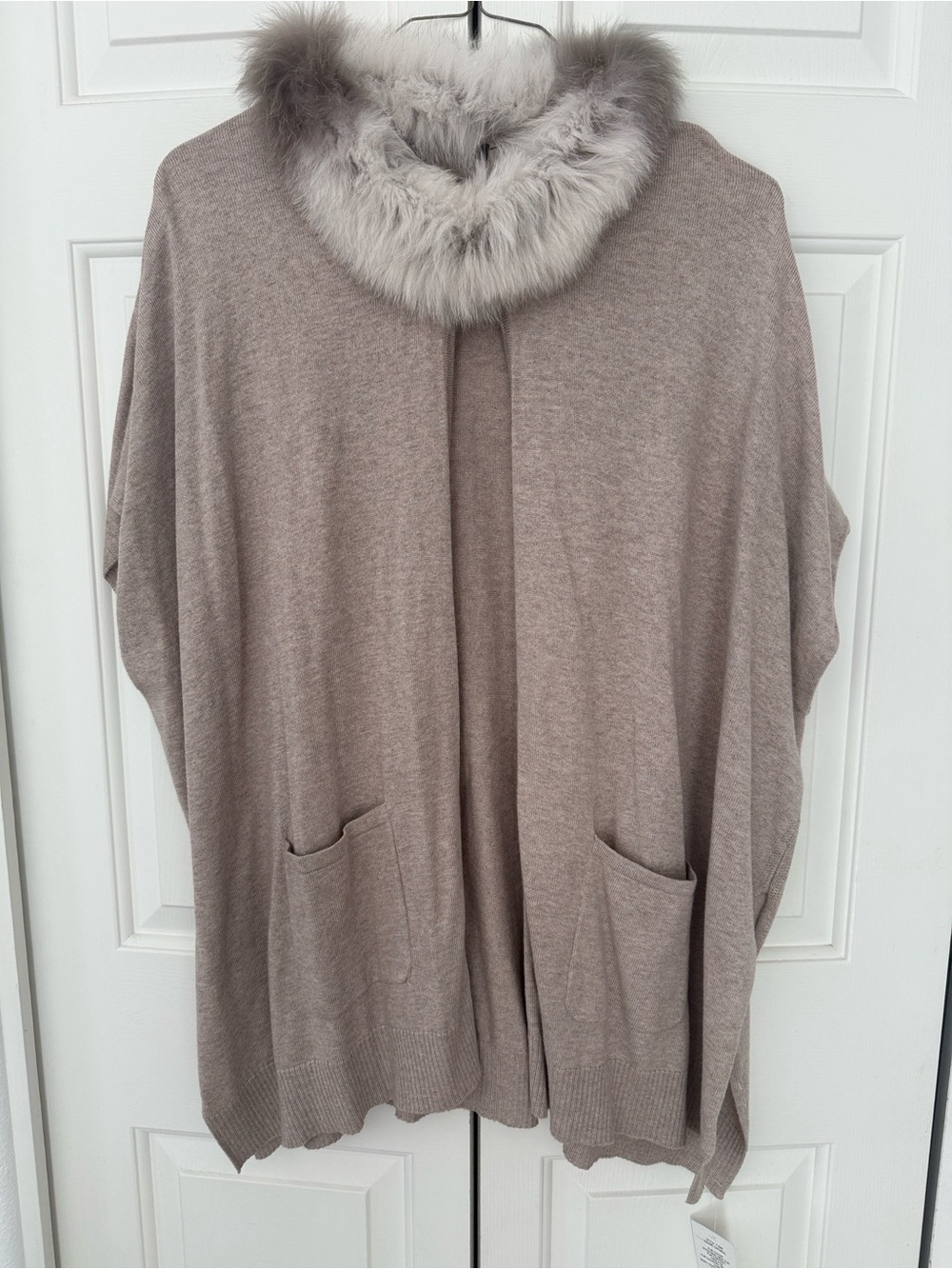 Dolce Cabo Taupe Fox Fur-Trim Open Cardigan Sweater Poncho